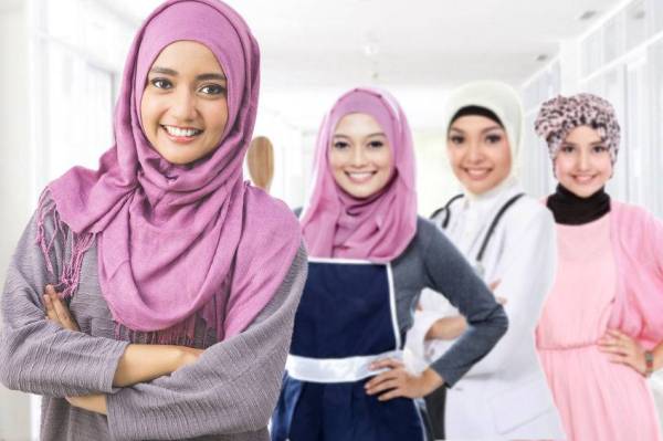 happy muslim woman in different kind of profession