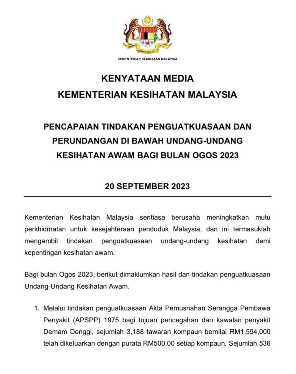 TINDAKAN PENGUATKUASAAN DAN PERUNDANGAN DI BAWAH UNDANG-UNDANG KESIHATAN AWAM – KKM