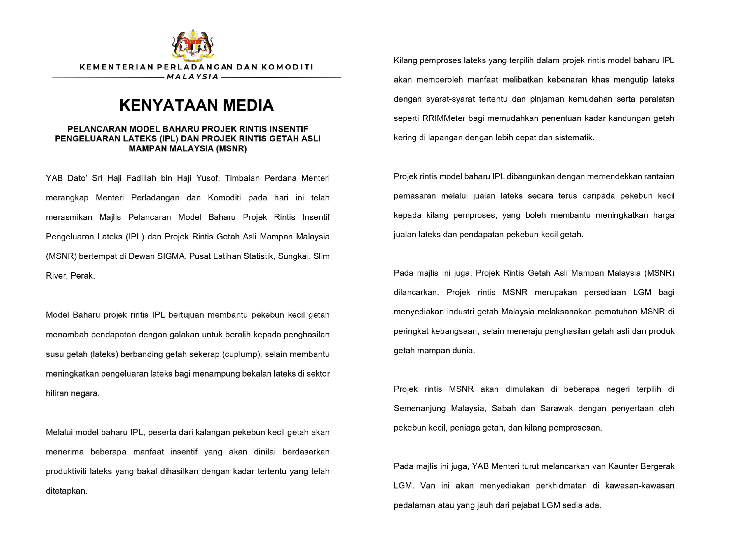 PROJEK IPL UNTUK BANTU PEKEBUN KECIL GETAH