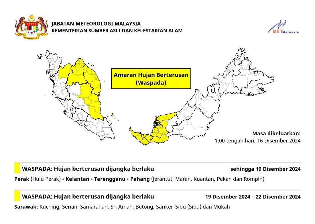 HUJAN BERTERUSAN DI LIMA NEGERI TAHAP WASPADA – METMALAYSIA